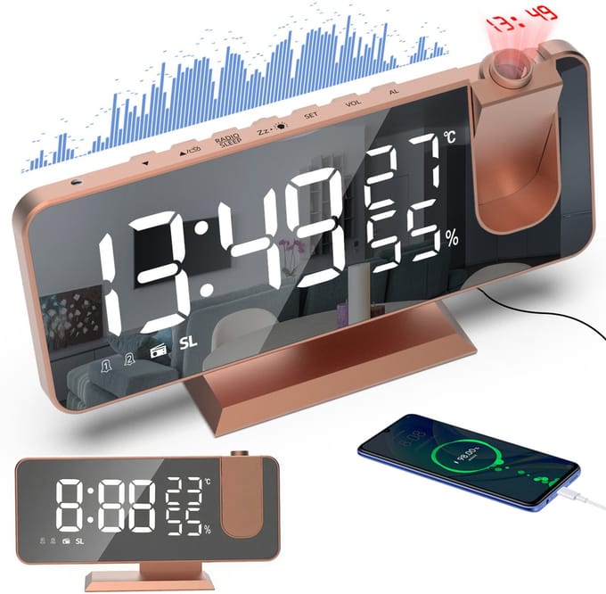 MIVRAY Projectieklokken – Projectie Alarmklok Met Groot Display, Instelbare Projector En Tijdweergave – ABS – Roségoud