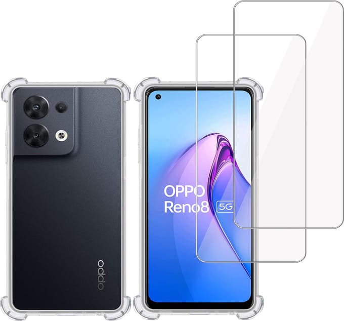 Hoesje + 2x Screenprotector geschikt voor OPPO Reno 8 – Tempered Glass - Extreme Shock Case Transparant