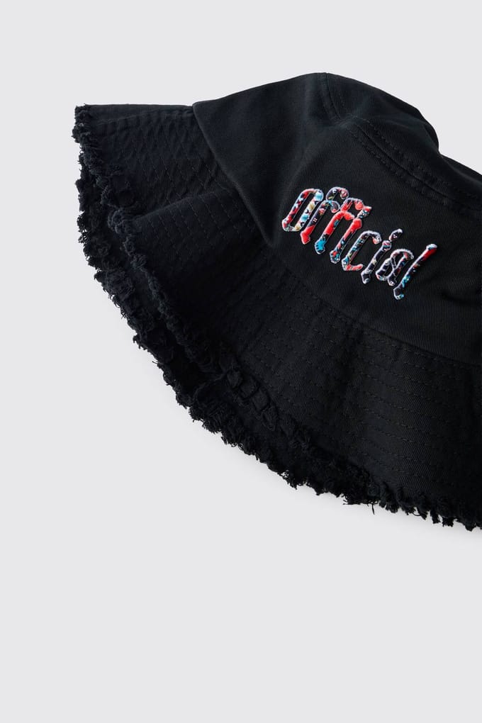 Bucket Hat With Distressed Edge Brim & Tapestry Applique | Black