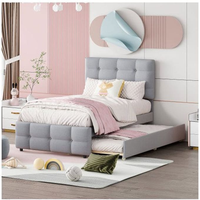 Lit rembourré - MUVOE - 90 x 200 cm - Extensible - Tête de lit réglable - Gris gris