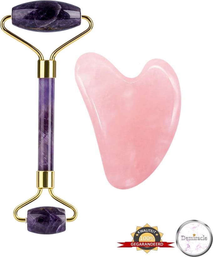 Demiracle® Face Roller & Gua Sha Schraper – Amethist – Rose Quartz – Face Rollers – Gezichtsmassage – Massagetools – Massage - Ontspanning – Kwaliteit