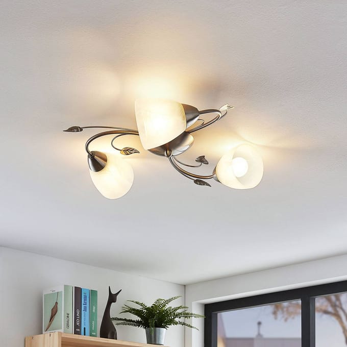 Lindby - plafondlamp - 3lichts - Metaal, glas - H: 13 cm - E14 - nikkel, wit