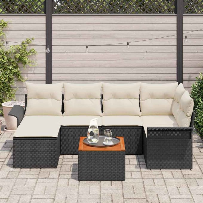 vidaXL - Tuinbank - Set - 7 - st - Zwart - en - Crème - poly - rattan