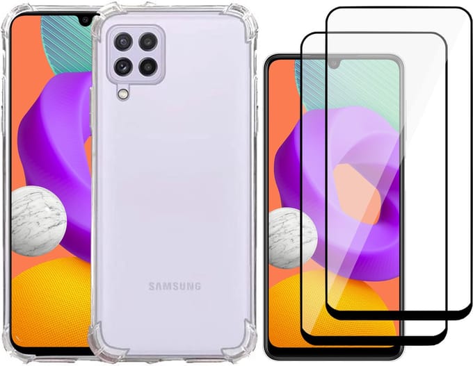 Hoesje geschikt voor Samsung Galaxy M22 - Transparant Backcover Shockproof Case + 2x Glas Full Screen Screenprotector
