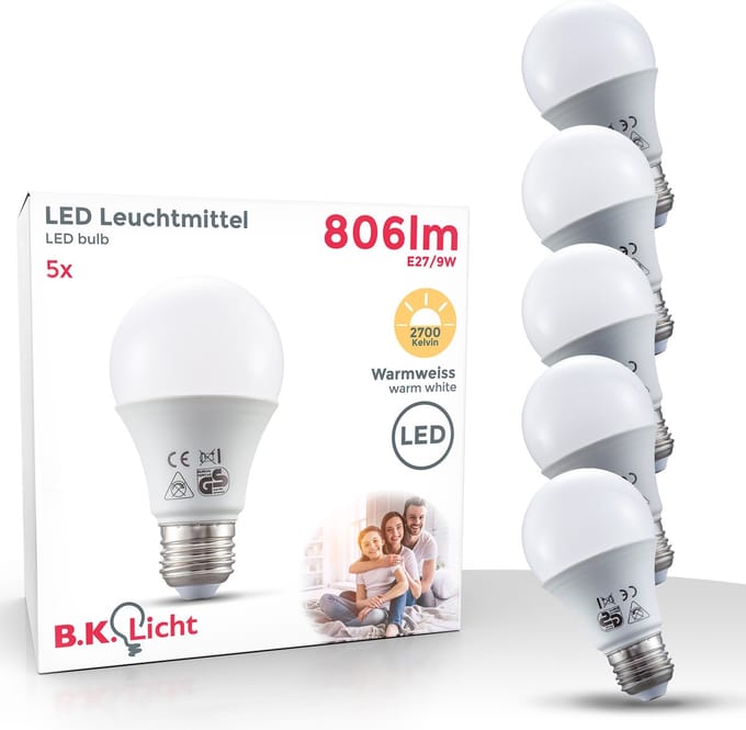 B.K.Licht - LED Lichtbron - set van 5 - led lamp met E27 - 9W LED - A60 - 2.700K warm wit licht - lampjes - LED lamp