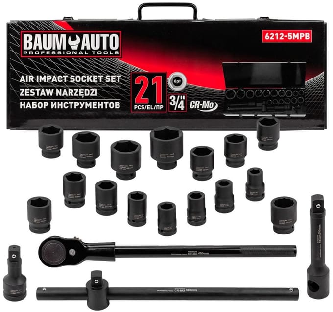 BaumAuto BM-6212-5MPB Serie - Dopsleutelset - 3/4'' Aandrijving - 17-50mm - 21-delige Set
