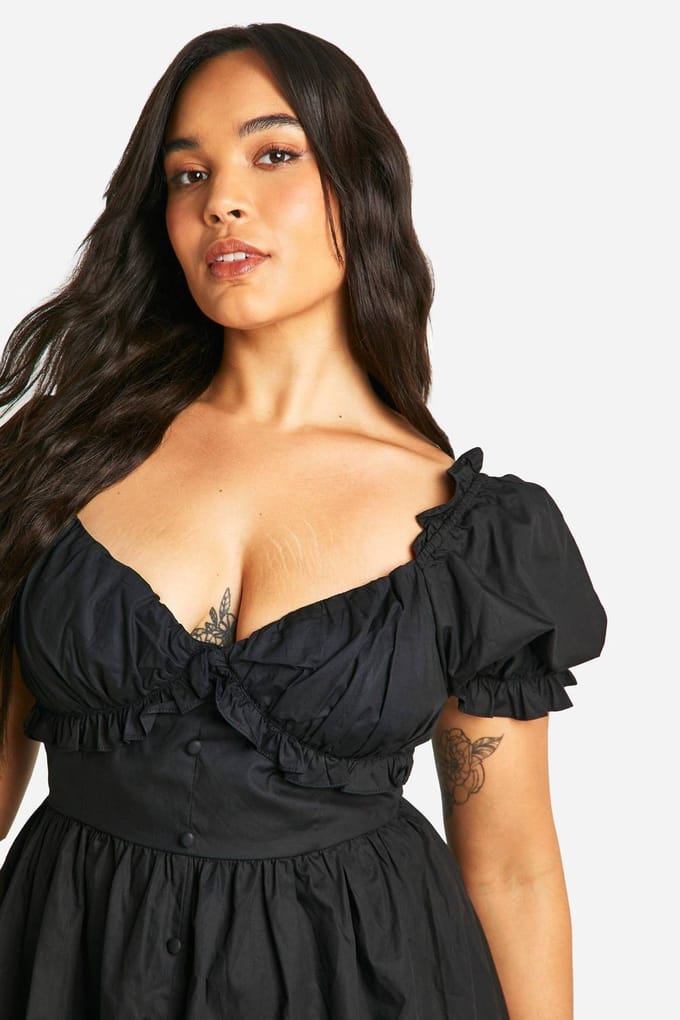 boohoo Dames Plus geweven melkmeisje button-down skaterjurk | Black | Maat: 28