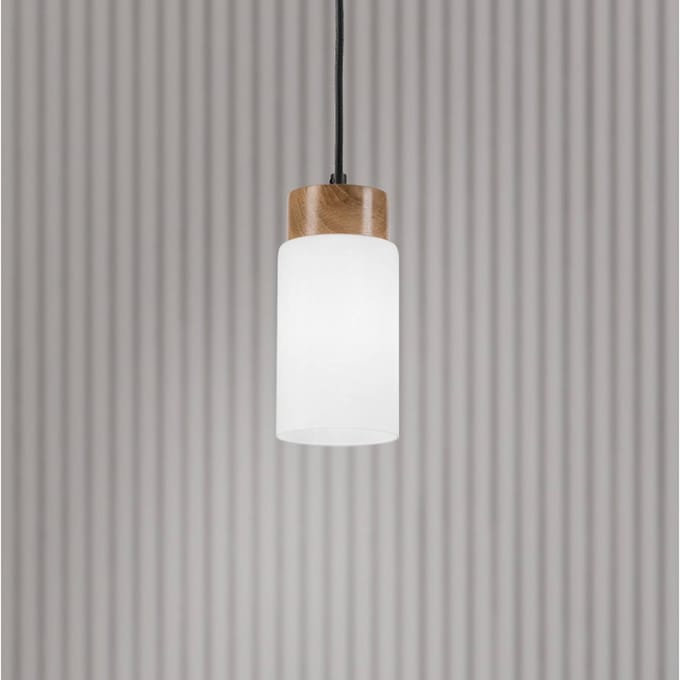 Lamkur Markus hanglamp, opaalglas/eikenhout, Ø 9,5 cm, E27