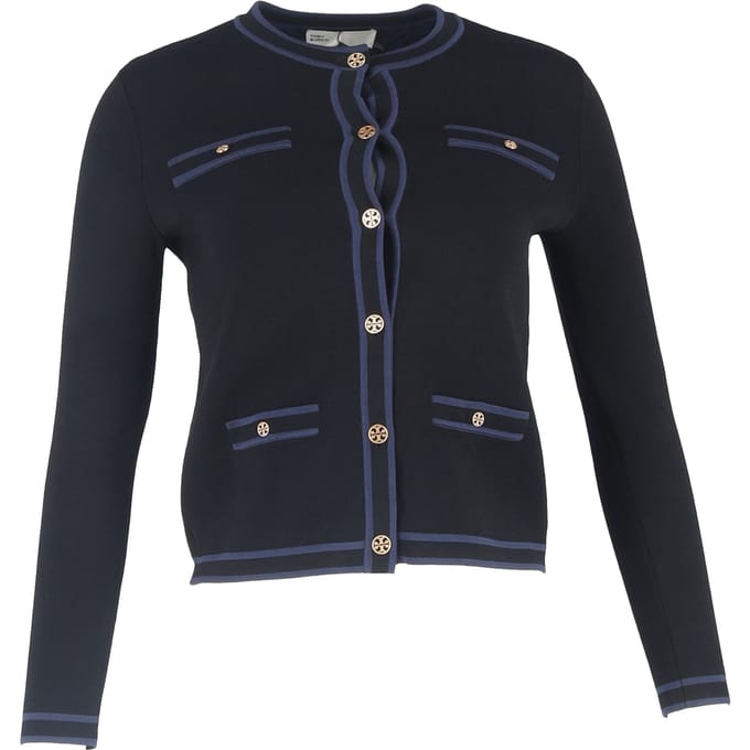 Tory Burch Kendra Button-Down Logo Cardigan in zwarte wol