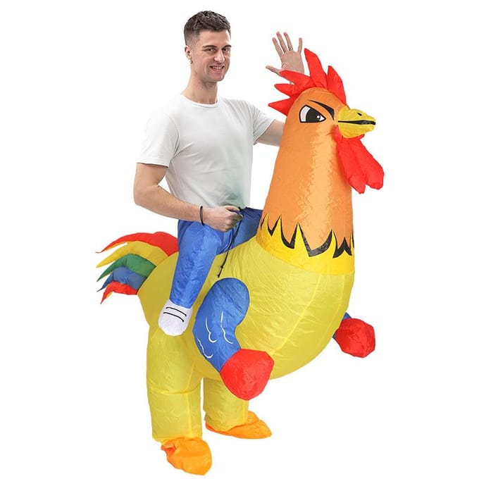 Carnaval opblaasbaar kostuum, bokskuk 150-190cm geel