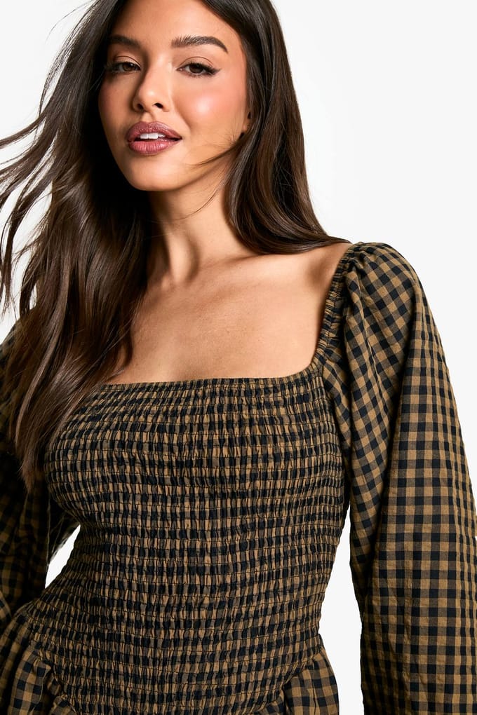 boohoo Dames Check Shirred Long Sleeve Puff Sleeve Mini Dress | Bruin | Maat: 40