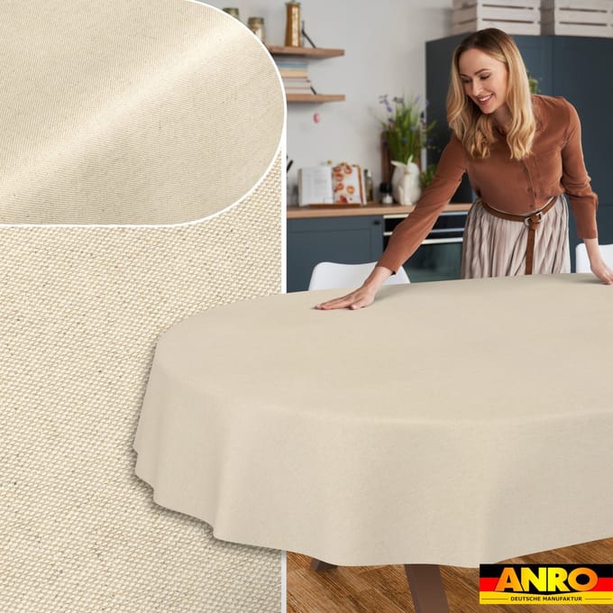 ANRO Tafelkleed Effen linnenlook Crème Ovaal 220x140cm Rechte rand Afwasbaar Waterafstotend