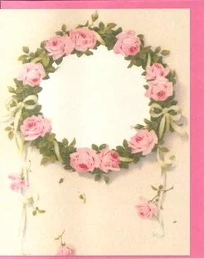 Cadeaukaart met env. Krans met roze rozen 7x9cm