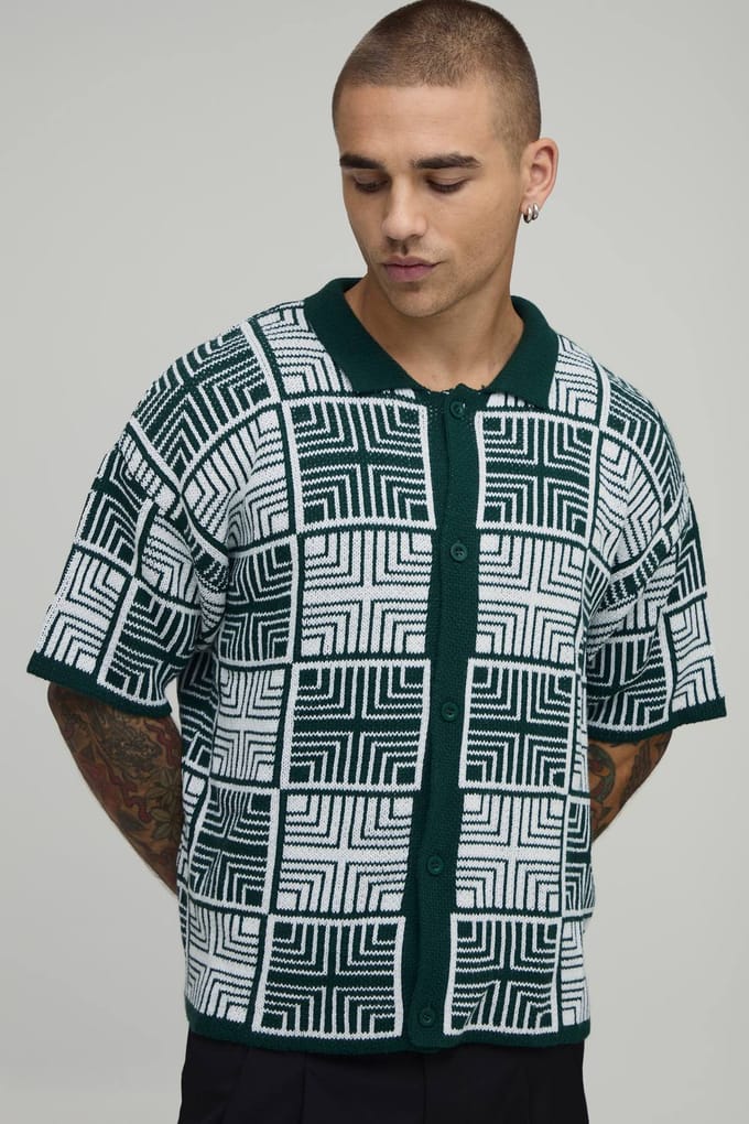 Boxy Fit Square Tapestry Button Up Knitted Shirt | Olive | Size Small