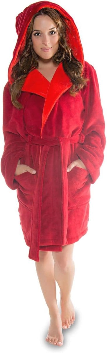 Korte Badjas met Capuchon en Gepatchte Zakken voor Dames - Lichtgewicht Microvezel & Koraalfleece