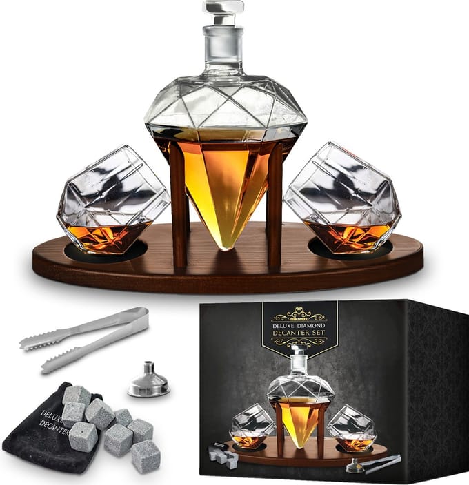 MikaMax Deluxe Diamond Decanter Set - Handgeblazen 850 ml Diamant Karaf met Glazen, stones