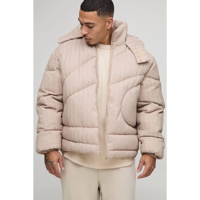 Oversized pasvorm getextureerde capuchon pufferjas | Stone | Size Medium