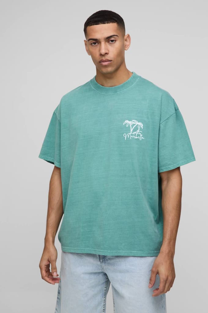 Oversized Extended Neck Line Drawn Marbella Graphic Washed T-Shirt | Green | Size Medium
