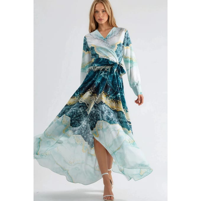 Abstracte Afdruk Lange Mouwen Maxi Jurk met Strikdetail