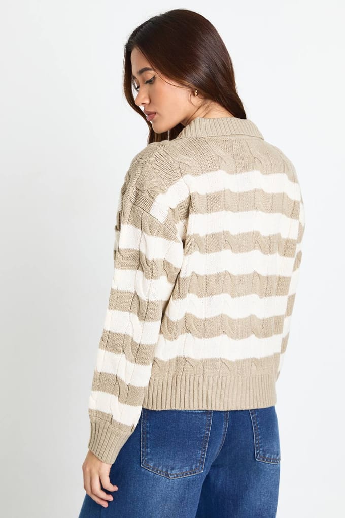 boohoo Dames Gestreepte kraaggebreide cardigan | Taupe | Maat: Medium