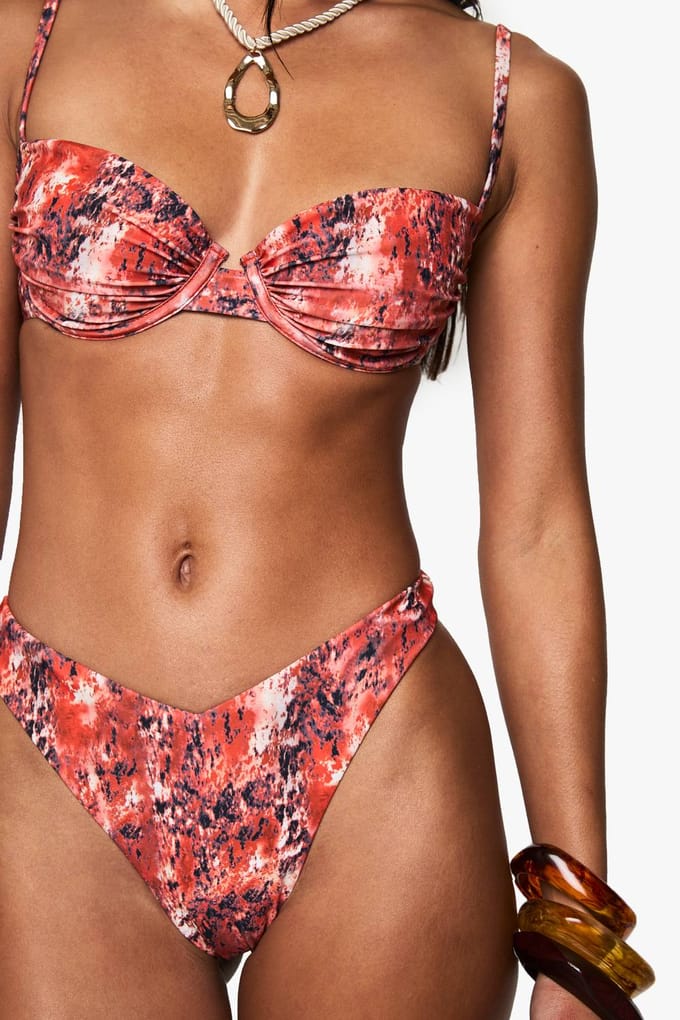 boohoo Dames Premium abstracte print V-front high leg bikini slip | Orange | Maat: 8