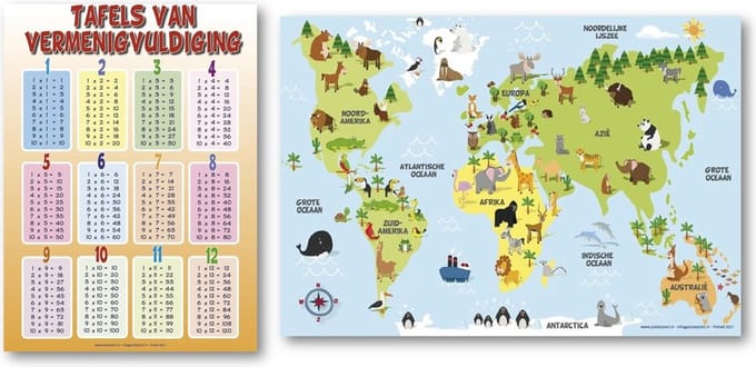 Poster Wereldkaart - kinderen - dieren - oceanen - 70 x 100 cm