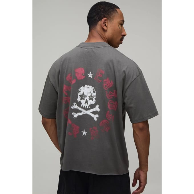 Antraciet Oversized T-shirt Met Schedel Print En Ruwe Zoom | Charcoal | Size Medium