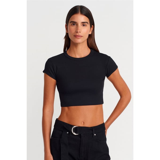Dames Slim Fit Crop Crew Neck T-shirt