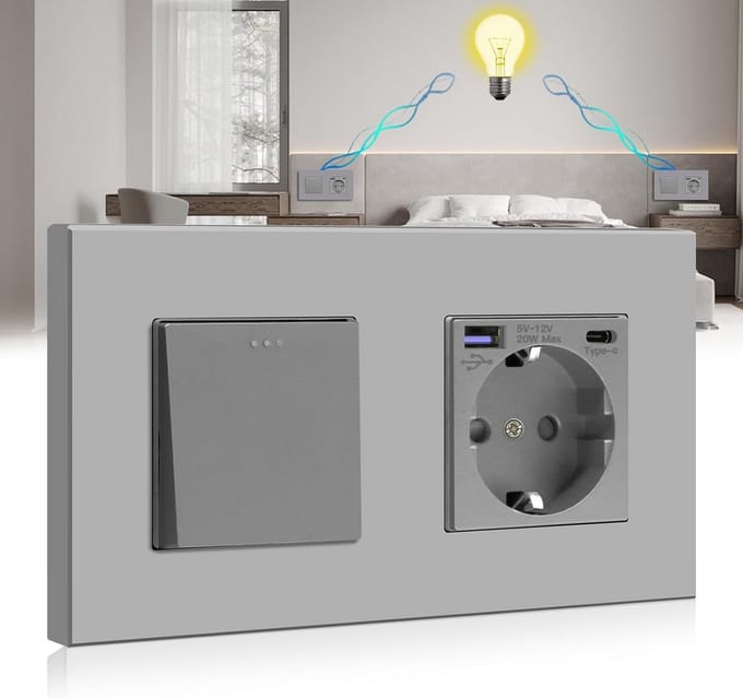 Inbouw Lichtschakelaar met Stopcontact en Dubbele USB Oplaadpoort (Type A/C)