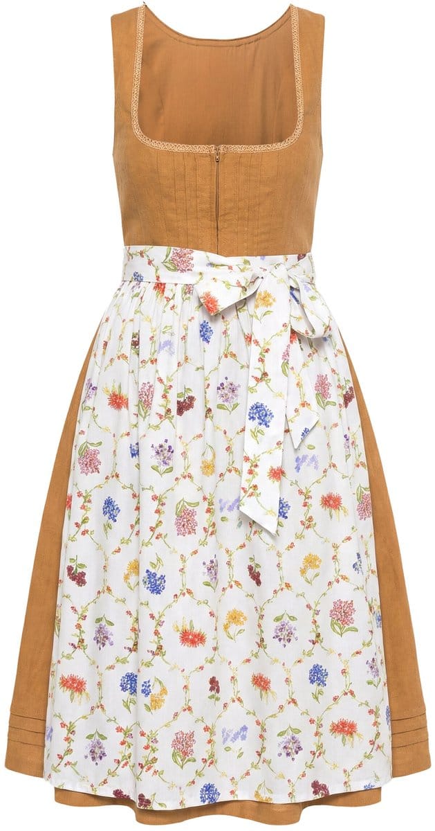 Ulla Popken - Dames - Dirndl van linnenmix biezen bloemen carree hals - Goudbruin - Maat 48