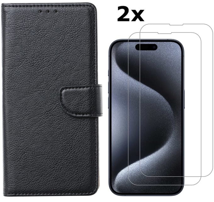 Hoesje Geschikt voor iPhone 15 Pro hoesje bookcase met 2x screenprotector – Zwart