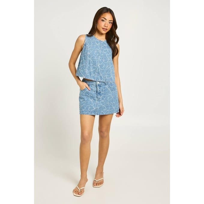 boohoo Dames Gebloemde Denim Minirok | Medium Gebleekt | Maat: 36