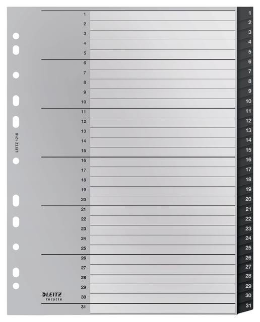 Leitz Recycle Tabbladen PP A4 - Extra Breed - 1-31 Numerieke Tabbladen - Zwart