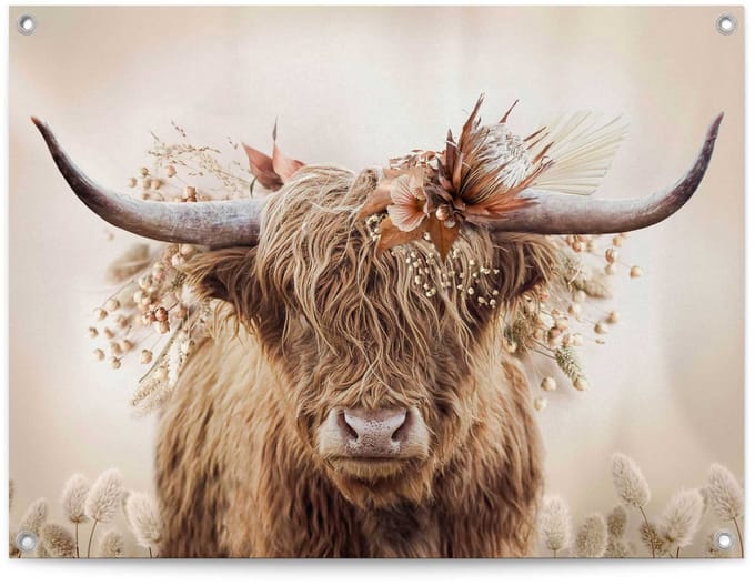 Tuinposter Highlander in bloemen - 60 x 80 - Canvas - REINDERS