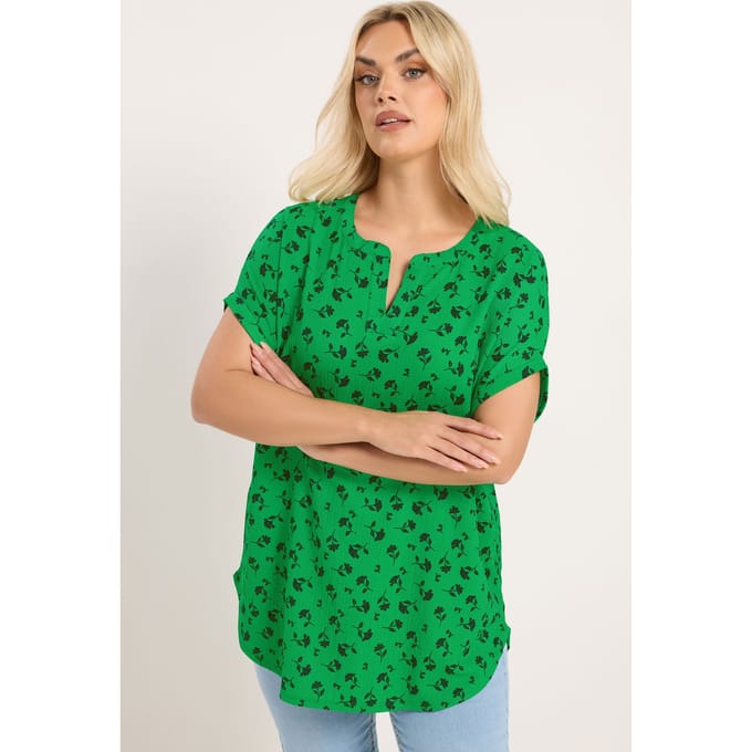 Yours Groene Top Met Bloemenprint En Inkeping In De Hals Size 48