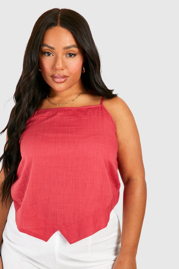 boohoo Dames Plus Cotton Asymmetrische Cami | Bessen | Maat: 50