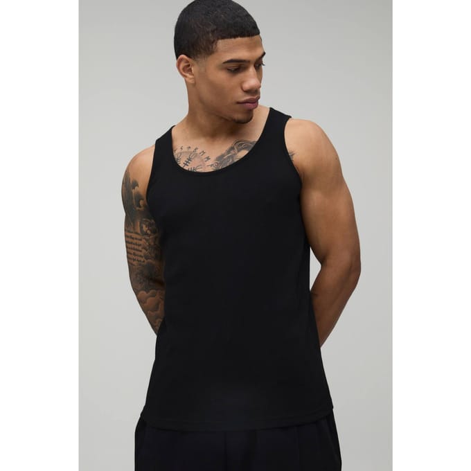 Essential Regular Fit Ribbed Vest | Black | Size Small
