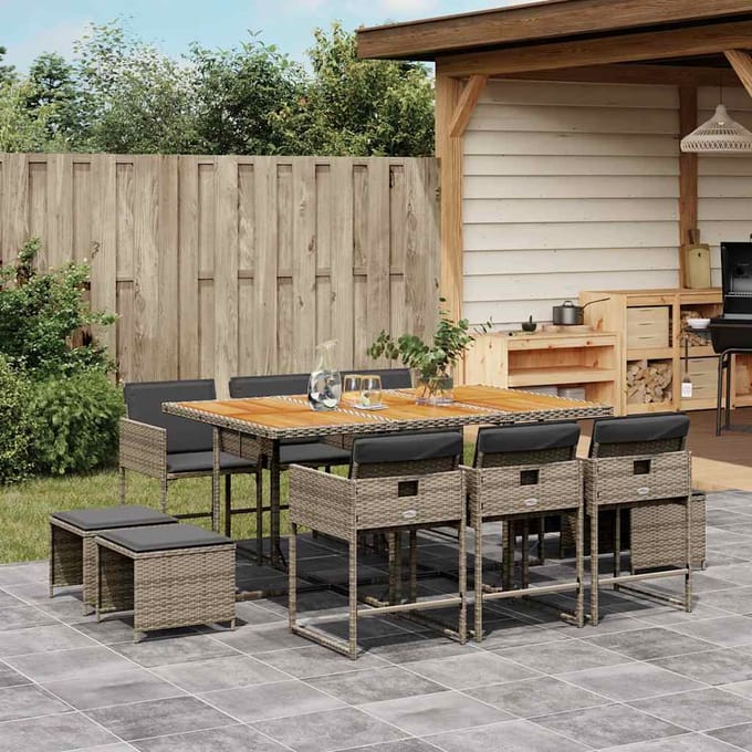 vidaXL - 11-delige - Tuinset - met - kussens - poly - rattan - grijs
