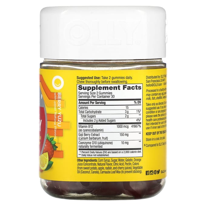 OLLY, dagelijkse energie, extra sterkte, bessen yuzu smaak, 60 gummies