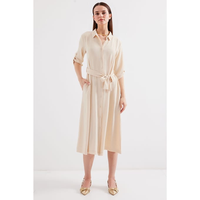 Gestructureerde Midi-Jurk met Strik