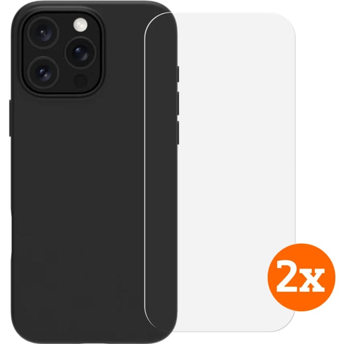 BlueBuilt Back Cover iPhone 16 Pro Zwart + Screenprotector Glas Duo Pack
