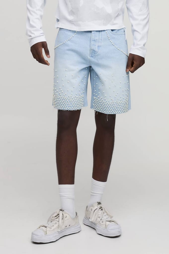 Ontspannen Denim Shorts Met Parelversiering | Light Blue | Size 34