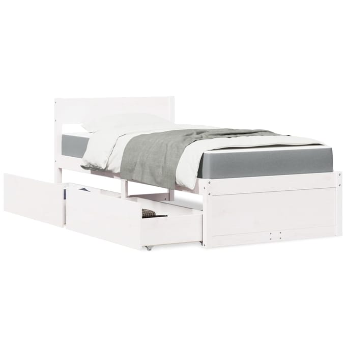 vidaXL - Bed - met - lades - en - matras - massief - grenenhout - wit - 90x200 - cm