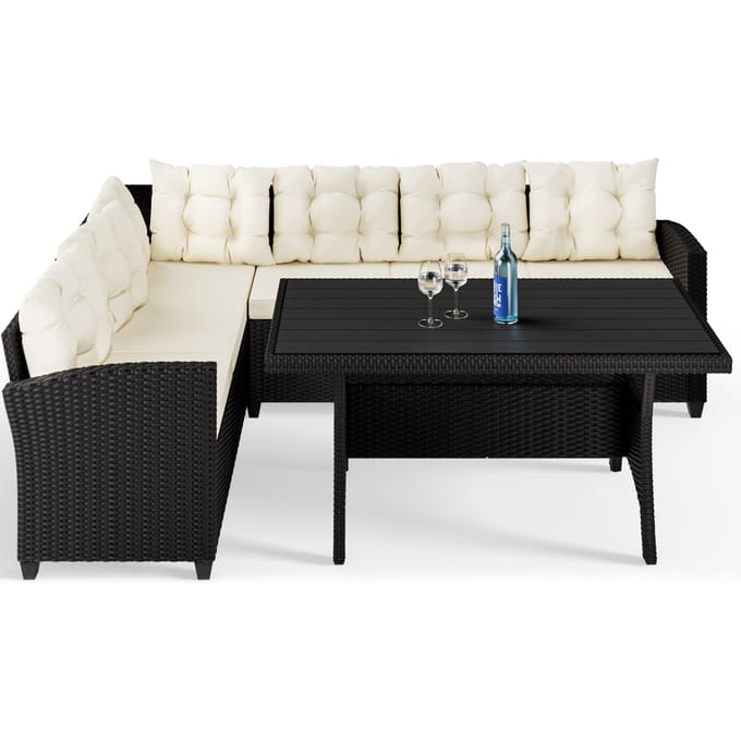 Casaria Loungeset - 6 Personen Eettafel Polyrottan – Crème Zwart