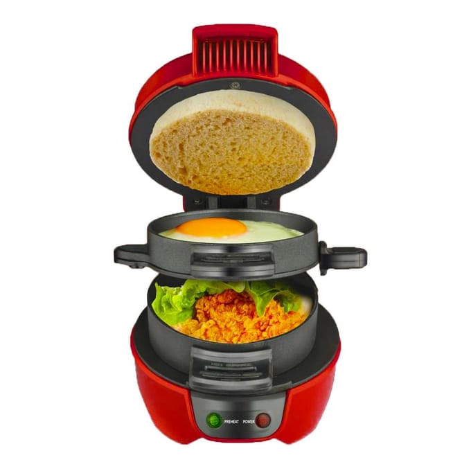 Machine à sandwichs pour petit-déjeuner, avec anneau de cuiseur d'œufs, facile à nettoyer, antiadhésif, pour hamburgers, sandwichs, omelettes, grille-pain EU Plug rouge