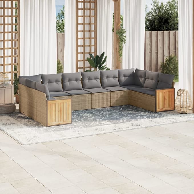 vidaXL - 10-delige - Loungeset - met - kussens - poly - rattan - beige