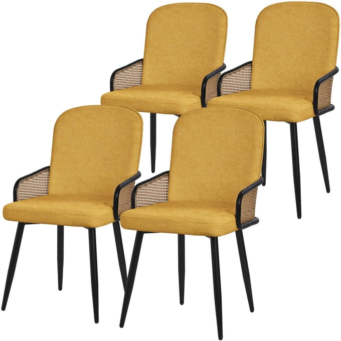 ML-Design eetkamerstoelen set van 4 mosterd gestoffeerde keukenstoelen met armleuningen en rugleuning rotanlook comfortabele ergonomische stoffen eetkamer fauteuils met metalen poten luxe lounge accentstoelen voor eettafel en woonkamer