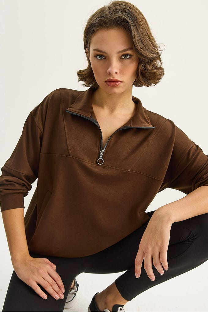 Ontspannen Pasvorm Rits Kraag Gebreide Sweatshirt