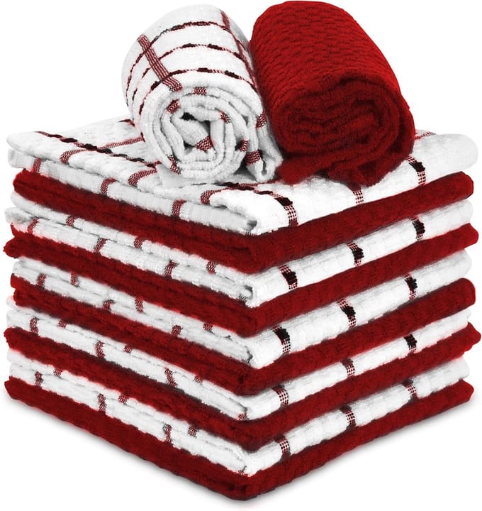 Set van 12 Katoenen Keukendoeken - Absorberende Vaatdoeken en Theedoeken (Rood, Roest & Wit)