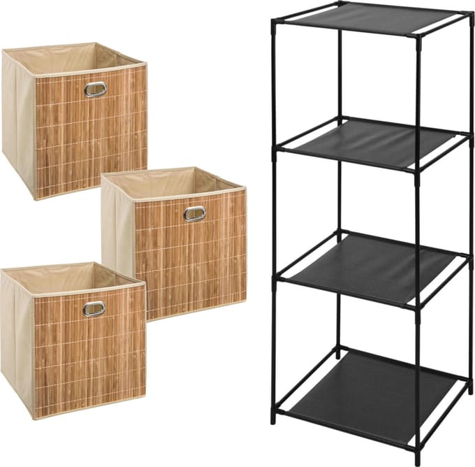 5Five Opbergrek Smartrack - met 3x mandjes stof/bamboe - beige - 34 x 98 cm